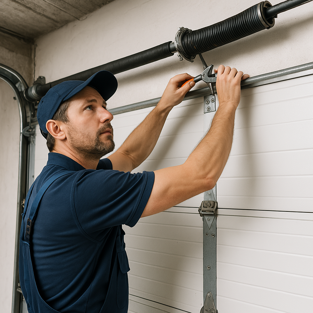 Technician working on garage door opener